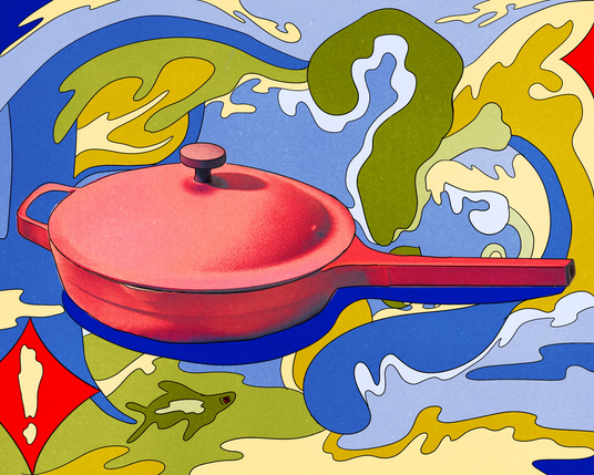 Graphic from article. A red, presumably ceramic shallow pan and lid against a background of different colours and a prominent if wiggly question mark