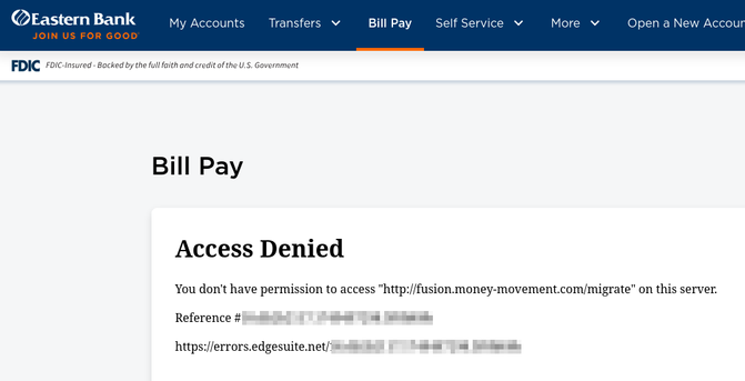 Screenshot of Eastern Bank website showing the "Bill Pay" page header and below that "Access Denied" and "You don't have permission to access "[url]".