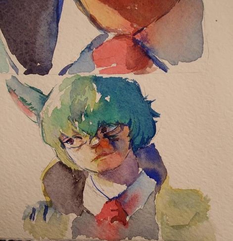 A watercolor sketch of Koana from the Dawntrail expansion of Final Fantasy XIV. The watercolor sketch is underneath a larger version of the same image that turned out worse than this one