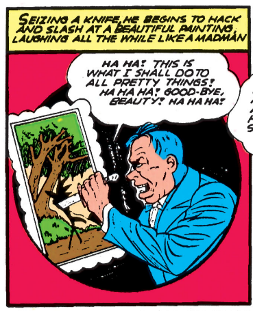 Screenshot from "Batman" issue #3, showing that issue's villain slicing up a "beautiful painting" while chuckling, "Ha ha! This is what I shall do to all pretty things! Ha ha ha! Good-bye, beauty! Ha ha ha!"