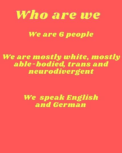 Red slide with yellow text saying "Who are we. We are 6 people. We are mostly white, mostly able-bodies, trans and neurodivergent. We speak English and German."