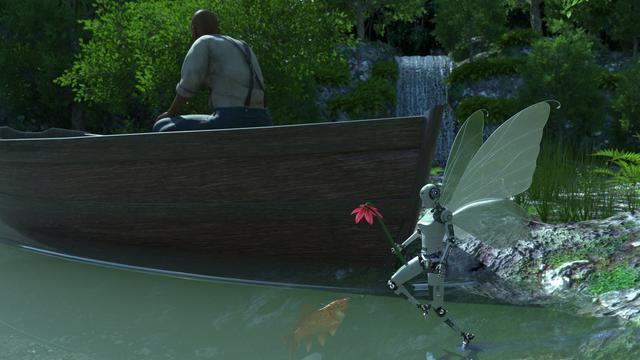 A lake on a sunny day, with a waterfall tumbling down from wooded banks.

In the middle ground is a wooden boat and a bald man sitting in it, looking away from the camera.

But most importantly, in the foreground is a little fairy robot, flying over the water trailing one foot through the surface. And it's carrying a red flower.

Under the water, with its mouth at the surface, is a goldfish.

The man doesn't realise what he's missing.