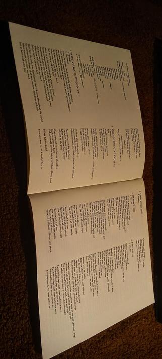 The photograph shows an open book lying on a carpeted surface. The book has two visible pages, each filled with text. The text is printed in black ink on white paper, with a standard font and spacing. The pages are numbered, with the left page numbered 243 and the right page numbered 242. The text appears to be a collection of short poems or verses, each starting with a number and a title. The titles include "Sir Duke(243)" and Village Ghetto Land (242)." The text is organized into sections, with some sections having subheadings. The overall layout is typical of a book, with margins and a consistent format. The text is dense, with no images or illustrations present.

 Ovis2-8B

🌱 Energy used: 0.797 Wh