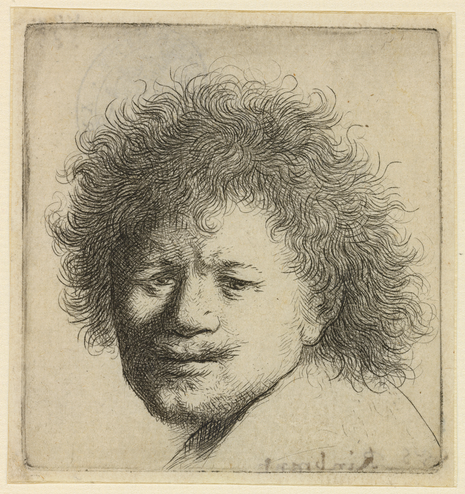A drypoint etching from the Dutch Golden Age, depicting the head of the artist, shown with longish, disheveled, bushy hair, and an almost sad expression on his blocky face.