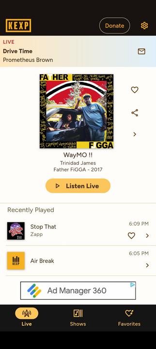 The Seattle radio station KEXP's playlist showing Prometheus Brown playing a song called WayMO! as a subtle reference to the self-immolating vehicles of Los Angeles.