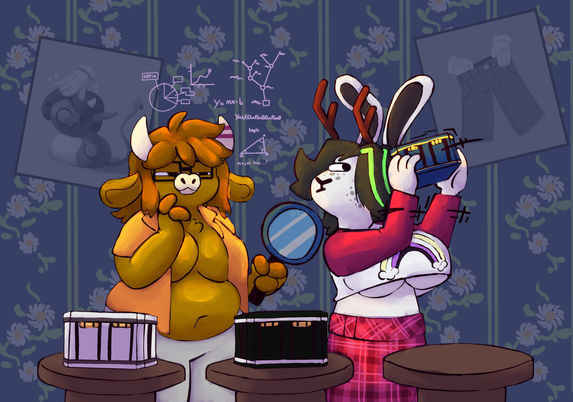 illustration of Klay (brown cow) and Jakkie (white jackalope) in the Parlor Room from the video game "Blue Prince." Klay is holding his chin thoughtfully and Jakkie is shaking a box to their ear.