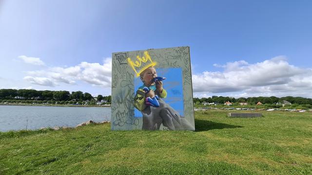 Short description: giant painting of a giant baby wearing a crown, erected on a grassy slope by a bay. Full description: We're standing on a grassy slope above the water's edge at Marselisborg harbour, Aarhus, Denmark. Beyond: wooded hills and houses on the opposite curve of the bay. The sky is deep blue with wispy clouds. Some thick wooden beams are scattered on the ground as benches. Grandly surveying all this nature as of they own it: a giant baby on a giant painting that is standing alone on the slope. The canvas is about 3 metres high and three metres high. The baby is in bright clothes backed by a bright blue square that matches the sky. A grey background with various patterns surrounds it. The baby is almost hyper-realistic, holding one toy, sucking another. Painted on its head as if quickly graffitied on by hand afterwards: a big bright gold royal crown. This is a painting in connection with the new SEEK street art and music festival at the harbour. Artist signature is hard to decipher - I think it says Lasse Elras.