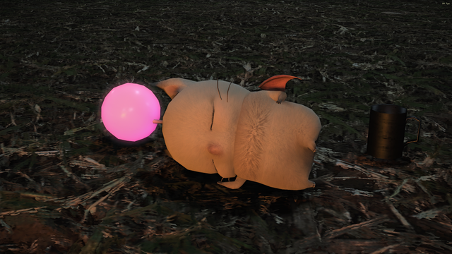 A FFXIV Moogle, who has fallen asleep (yes, (s)he's asleep) near a campfire after food.

To the uninitiated...a Moogle is like two giant, white, fluffy marshmallows - one on top of the other - with a stick of pink candyfloss jabbed into its head, that flies around on tiny bat wings.

They have eyes, but they're always shut.

Twelve know why.
