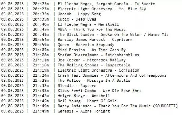 Die Playlist von Montag, 09.06.2025 mit dunkler Schrift auf hellem Grund.
Folgende Spalten von links nach rechts:
Datum, Uhrzeit, Interpret*Innen und Titel

09.06.2025 |  20h:23m  | El Flecha Negra, Sergent Garcia - Tu Suerte
09.06.2025 |  20h:27m  | Electric Light Orchestra - Mr. Blue Sky
09.06.2025 |  20h:32m  | Unojah - Happy Song
09.06.2025 |  20h:35m  | Kubix - Deep Eyes
09.06.2025 |  20h:40m  | El Flecha Negra - Maritxell
09.06.2025 |  20h:45m  | ABBA - Thank You For The Music
09.06.2025 |  20h:49m  | The Black Sweden - Smoke On The Water / Mamma Mia
09.06.2025 |  20h:54m  | Barclay James Harvest - Capricorn
09.06.2025 |  20h:59m  | Queen - Bohemian Rhapsody
09.06.2025 |  21h:05m  | Mind Erosion - As Time Goes By
09.06.2025 |  21h:08m  | Stefan Diestelmann - Reichsbahnblues
09.06.2025 |  21h:11m  | Joe Cocker - Hitchcock Railway
09.06.2025 |  21h:16m  | The Rolling Stones - Respectable
09.06.2025 |  21h:19m  | Electric Light Orchestra - Confusion
09.06.2025 |  21h:24m  | Crash Test Dummies - Afternoons And Coffeespoons
09.06.2025 |  21h:28m  | The Police - Message In A Bottle
09.06.2025 |  21h:32m  | Blondie - Rapture
09.06.2025 |  21h:38m  | Klaus Renft Combo - Wer Die Rose Ehrt
09.06.2025 |  21h:42m  | Holger Biege - Annabell
09.06.2025 |  21h:45m  | Neil Young - Heart Of Gold
09.06.2025 |  21h:49m  | Benny Andersson - Thank You For The Music (SOUNDBETT)
09.06.2025 |  21h:49m  | Genesis - Alone Tonight
