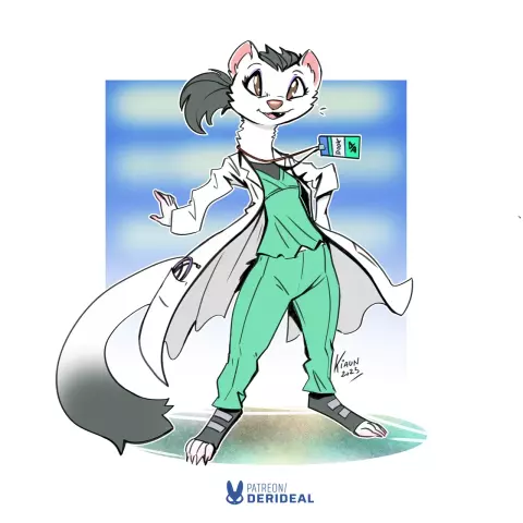 A white furred eremine wearing a green doctors uniform and white coat.