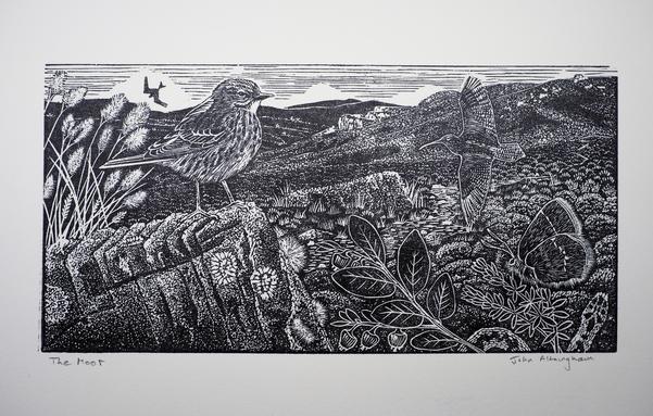 Ilkley Moor in all its glory in a 180x90mm wood engraving, printed in black ink. Gritstone boulders, lichens and mosses, bilberry, cottongrass, crowberry and heather, green hairstreak butterfly, adder, curlew and red kite. And the ever present meadow pipit is the star. A path winds through the centre and there's a distant  view to the horizon.