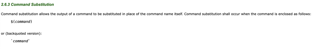 Screenshot from the POSIX shell command substitution page, showing $(command) as valid syntax