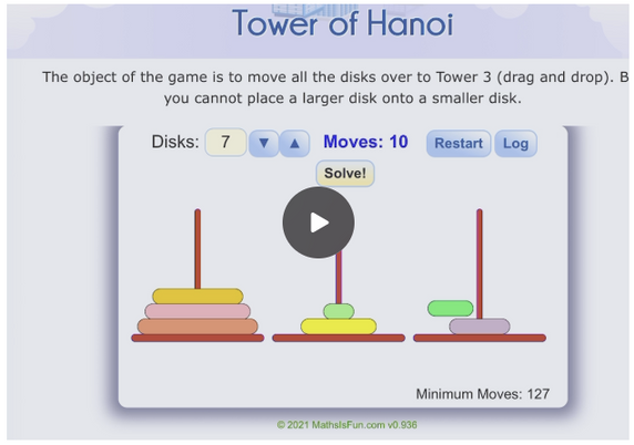 A picture of the Tower of Hanoi puzzle.

A puzzle with three pins and multiple disks on the left pin. The bottom is the largest disk, and each higher disk is smaller in diameter than the one below.

You have to create the same tower on the right pin but:
- you can only move one disk at a time
- can cannot place a larger disk on top of a smaller disk.
