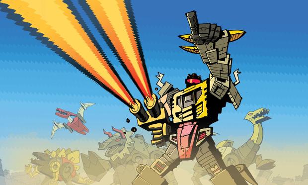 A colourful and lively and agressive line art drawing of Grimlock up front leading the rest of his Dinobots into action. They are all seen from puny human perspective. Grimlock is BLASTING his double barreled laser and the beams frly by you. His other hand points decidely towards a unseen target outside the screen. It’s GRIMLOCK baby!