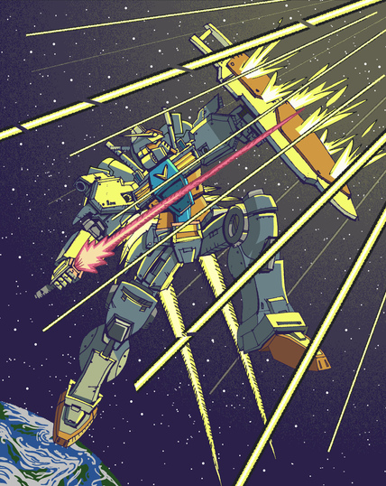 A white gundam, the GP01 Zephyrantes, floats in space. It holds up its shield as bullets blast at it furiously. The shield block most of the bullets while other fly past it. Zephyrantes readies its laser sword and prepares to charge its assailant. This is mech war in space.