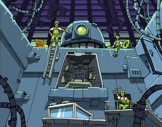 A pale blue metal giant mecha rests in a hangar. It’s cockpit head opened up. Mechanics stop their maintenance work to wave at the camera.