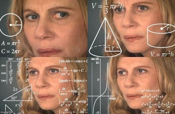 4 panels of a confused lady surrounded by complicated math and geometry.