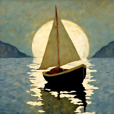 voilier en mer devant le soleil couchant, soleil voilé