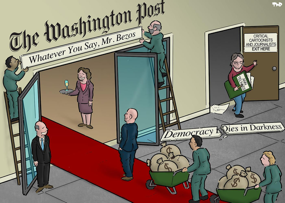 Cartoon showing the entrance of the Washington Post with the slogan "Whatever you say Mr Bezos". The old slogan lies broken on the floor