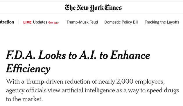 NY Times headline: FDA looks to A.I. to Enhance Efficiency