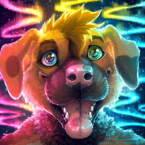 Painted portrait of a brown dog mutt with blue and green heterochromia, floppy ears, and spots smiling a big tongue-out doggy smile and looking up at a bright pan pride colored aurora borealis.