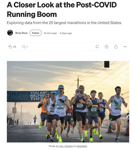 Screenshot of a story by Brian Rock with title “A Closer Look at the Post-COVID Running Boom” and a photo of runners competing in an outdoor race