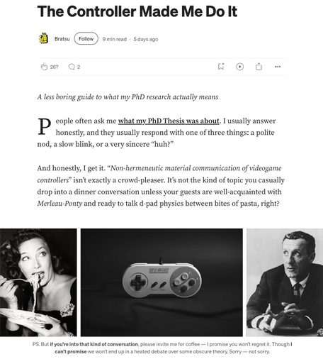 Screenshot of a story by Bratsu with title “The Controller Made Me Do It” and side-by-side black and white photos of a woman eating pasta, a Super Nintendo controller, and philosopher Maurice Merleau-Ponty