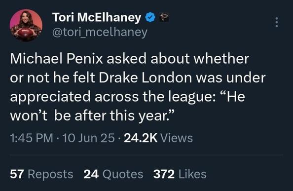 [McElhaney] Michael Penix asked about whether or not he felt Drake London was under appreciated across the league: “He won’t be after this year.”