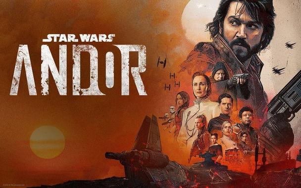 Graphic for the Star Wars streaming series Andor, with both titles prominentlly on the left, white letters on an orange sky bakcground, with a pastiche of characters, featuring grim, bearded Andor prominently on top, with others like Senator Mon Mothma and various Rebels, with, of course, ISB Agent Dedra Meero and a smattering of small stormtroopes and TIE fighters.