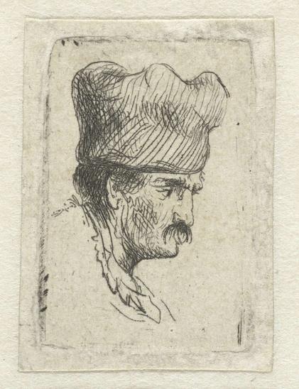 Man in a square cap, in profile right