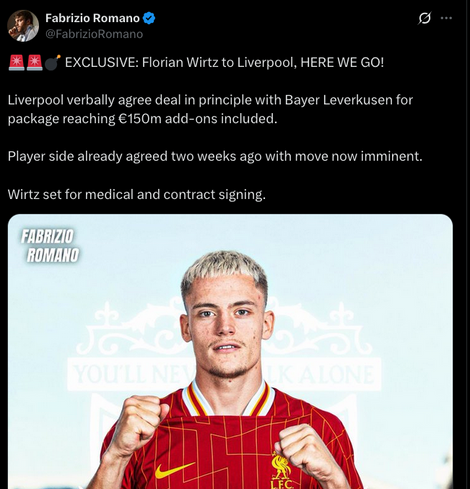 EXCLUSIVE: Florian Wirtz to Liverpool, HERE WE GO!

Liverpool verbally agree deal in principle with Bayer Leverkusen for package reaching €150m add-ons included.

Player side already agreed two weeks ago with move now imminent.

Wirtz set for medical and contract signing.