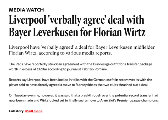 Liverpool 'verbally agree' deal with Bayer Leverkusen for Florian Wirtz

Published 1 hour ago

This story has been reproduced from the media. It does not 
Liverpool have 'verbally agreed' a deal for Bayer Leverkusen midfielder Florian Wirtz, according to various media reports.

The Reds have reportedly struck an agreement with the Bundesliga outfit for a transfer package worth in excess of £120m according to journalist Fabrizio Romano.

Reports say Liverpool have been locked in talks with the German outfit in recent weeks with the player said to have already agreed a move to Merseyside as the two clubs thrashed out a deal.

On Tuesday evening, however, it was said that a breakthrough over the potential record transfer had now been made and Wirtz looked set to finally seal a move to Arne Slot's Premier League champions.