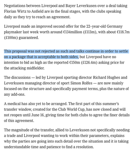 This proposal was not rejected as such and talks continue in order to settle on a package that is acceptable to both sides, but Liverpool have no intention to bid as high as the reported €150m (£126.4m) asking price for the attacking midfielder.

The discussions — led by Liverpool sporting director Richard Hughes and Leverkusen managing director of sport Simon Rolfes — are now mainly focused on the structure and specifically payment terms, plus the nature of any add-ons.

A medical has also yet to be arranged. The first part of this summer’s transfer window, created for the Club World Cup, has now closed and will not reopen until June 16, giving time for both clubs to agree the finer details of this agreement.

The magnitude of the transfer, allied to Leverkusen not specifically needing a trade and Liverpool wanting to work within their parameters, explains why the parties are going into such detail over the situation and it is taking understandable time and patience to find a resolution.