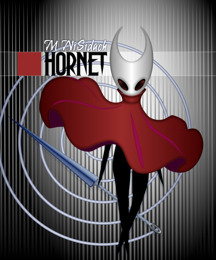 Background: Minimalist, thin, vertical black and white strips. Slightly off center left and a 1/4 down from the top is my signature M. Ni Sidach in white, with HORNET in all caps immediately below in black.

Hornet: Directly to the right of my signature is Hornet's head in her white horned mask with flat black eyes near the very bottom.

A swirling Garnet (#9A2A2A) skirt with a flared collar and flared cloak, with thin flat black limbs protruding, and in one hand a magical sewing needle with glowing thread affixed to it that she wields like a sword.