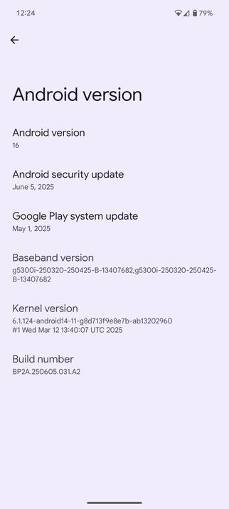 Screenshot of Android Version information from a Pixel 8 Pro showing that it is running Android 16.
