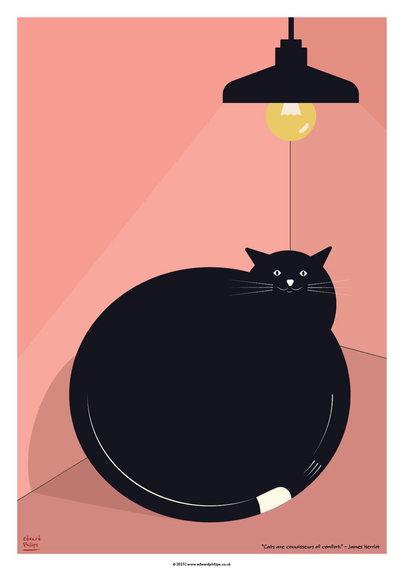 New poster design of a stylised happy fat round black cat in a corner under a lamp in a room with bright walls. With the caption: Cats are the connoisseurs of comfort - James Herriot