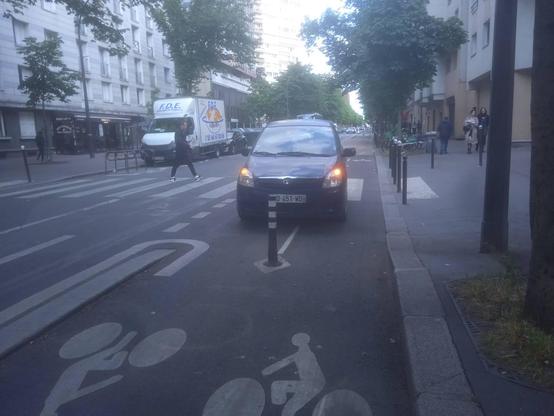 Photo d'une voiture stationnée sur la piste cyclable et le passage piétons.