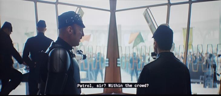 Sergeant Bloy says to Captain Kaido: "Patrol, sir? Within the crowd?" Star Wars Andor GIF.