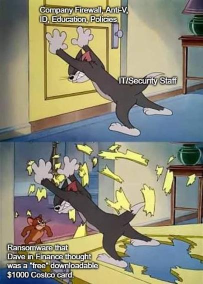Meme, 2 parts, Tom and Jerry:
Pic 1: Tom, desperately holding a door shut. 
Door: Company Firewall, Anti-V, ID, Education, Policies
Tom: IT/Security Staff
Pic 2:
Jerry, breaking the door to shreds nevertheless.
Jerry: Ransomware that Dave in Finance thought was a "free" downloadable $1000 Costco card.