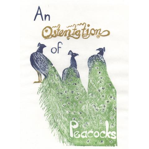 This lino block print is printed in metallic and pearlescent inks on Japanese kozo (or mulberry) paper 12.5 inches by 8 inches, or 31.7 cm by 20.3 cm in dimension, in a slightly variable edition of eight. It shows a trio of peacocks. The pearlescent ink mimics the beautiful irridescence of those ostentatious peacock feathers. The block is inked 'à la poupée', meaning the multiple colours (indigo, apple green, turquoise and gold) are all inked at the same time, in small areas, and the print is pulled all at once. 

Text reads “An Ostentation of Peacocks.” The word 'Ostentation' is in a rather rococo and ostentatious typeface. I designed the font of 'Peacocks' to echo the feathers shapes and 'eyes' on the tail feathers.
