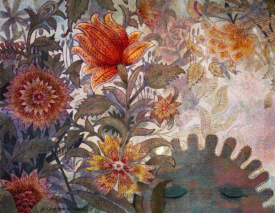 Summer flowers bursting in red, yellow and orange blossoms, backlit by brightness. Tucked into a lower corner, a gently abstract face, smiles with pleasure.