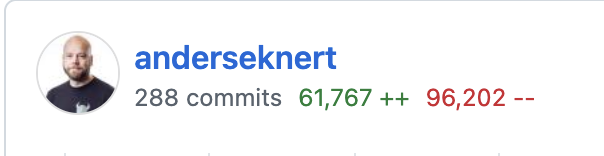 Screenshot from GitHub showing my commit stats for OPA, where I have added 61k LOC and removed 96k LOC.