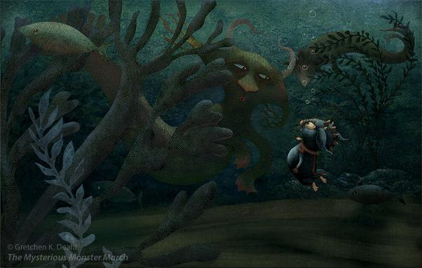 Deep under the lake, a little blue monster tries to carry on a conversation with another creature. Surrounded by
under water plants and fish and another watching swimmer in the distance.