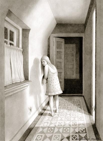 Black and white graphite/pencil drawing of a young girl in a nightgown standing in a hallway. She looking over her shoulder at a tiny shadow on the wall.  On the other wall is an open glowing doorway with a tiny winged creature peeking out.