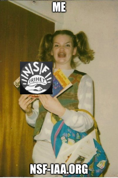 A person stands indoors, holding books that are partially covered by the Norwegian Syndicalist Federation logo. The background is plain, featuring a simple door. At the top of the image is the word "me," and at the bottom is the website "nsf-iaa.org." The individual wears a sweater, vest, and pants, and carries a bag.