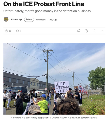 Screenshot of a story by Andrew Jaye with title “On the ICE Protest Front Line” and a photo of people gathered outdoors holding protest signs