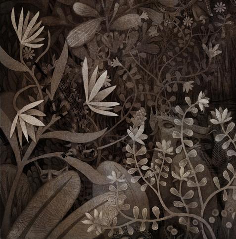 Graphite, colored pencil, watercolor washes and textures. In a limited palette of sienna, a highly textured image of a strange flowering place. Within its space, various beings sleep and dream in the foliage.