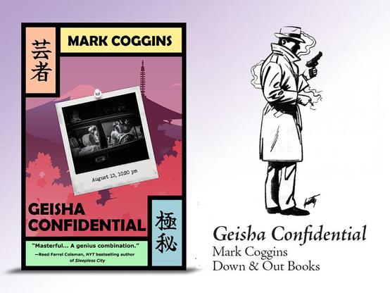 Cover for GEISHA CONFIDENTIAL by Mark Coggins beside the Private Eye Writers of America Logo.