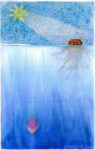 On a watercolor background of blue, two thirds of which is water with pale vertical stripes and the top one third a highly textured sky with yellow sun. Frantically treading water at the surface, an orange sullen creature with yellow horns peeks above. At the very bottom of the picture, deep within the water and tied with a string, a pinkish balloon gently floats. Inside it is a red heart.