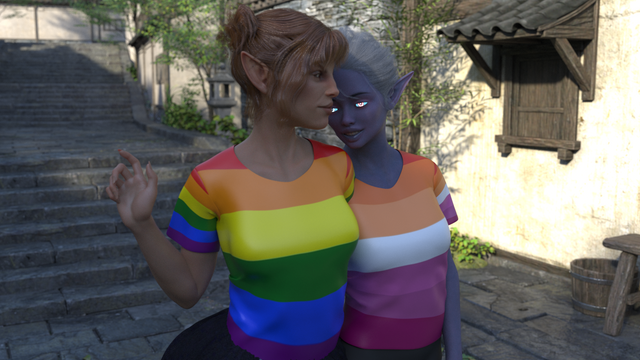 An elf Girl wearing a Rainbow Shirt with a Drow girl wearing the "lesbian" colours